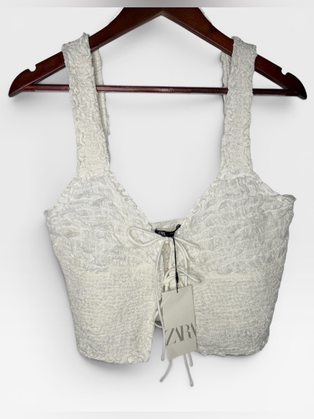 ZARA Cream Smocked Lace-Up Cropped Tank